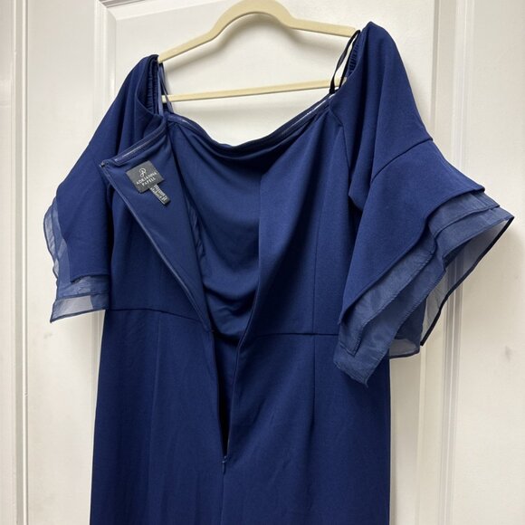 New Adrianna Papell Size 16 W Navy Off-Shoulder Organza-Sleeve Cocktail Jumpsuit - Picture 11 of 14